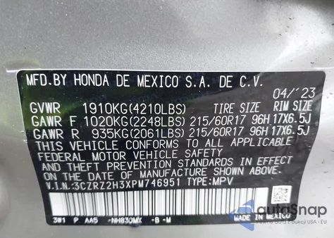 2023 Honda Hr-V Lx из США, поврежденный, VIN 3CZRZ2H3XPM746951